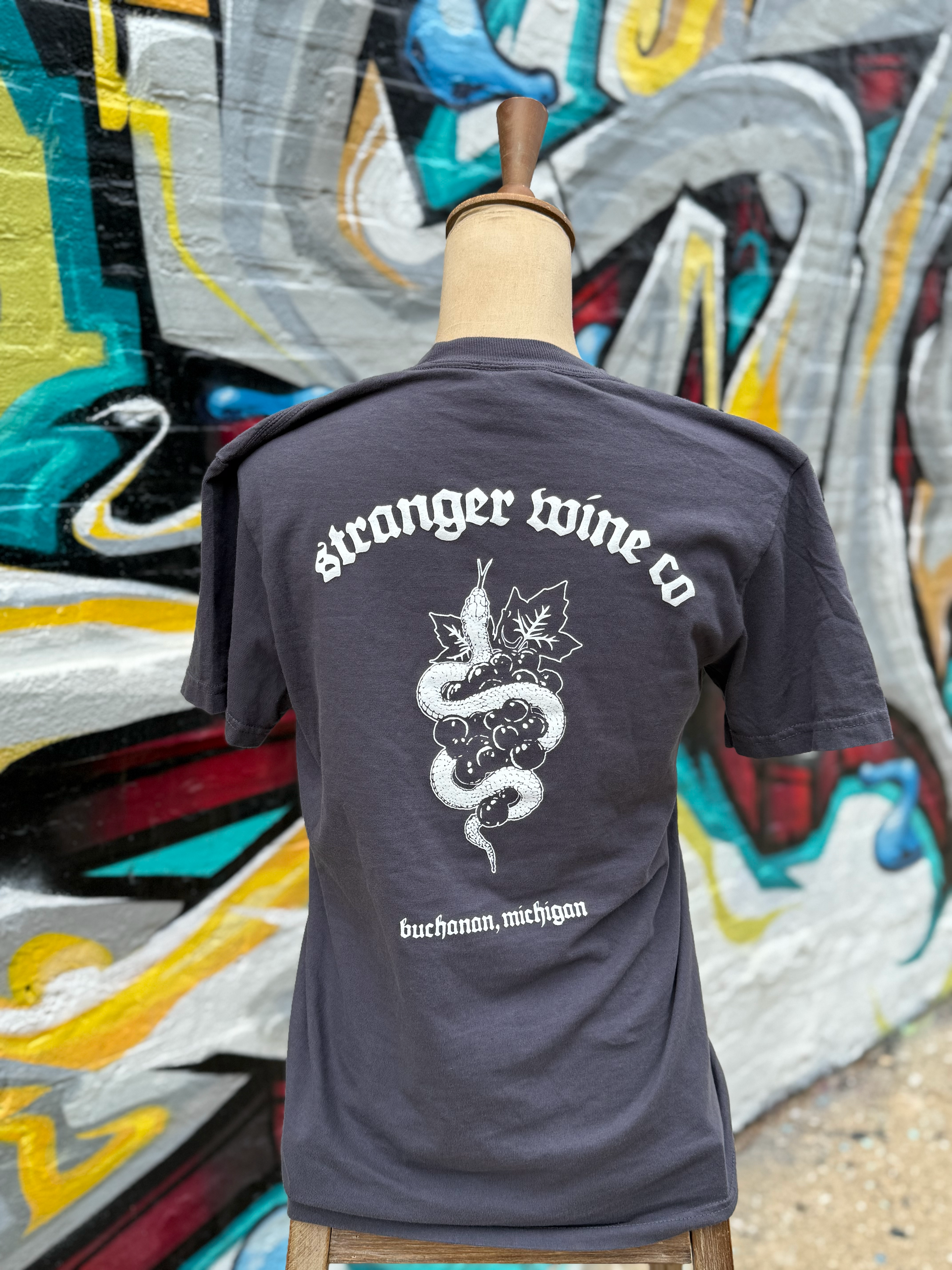 Stranger Wine Co. back charcoal tee